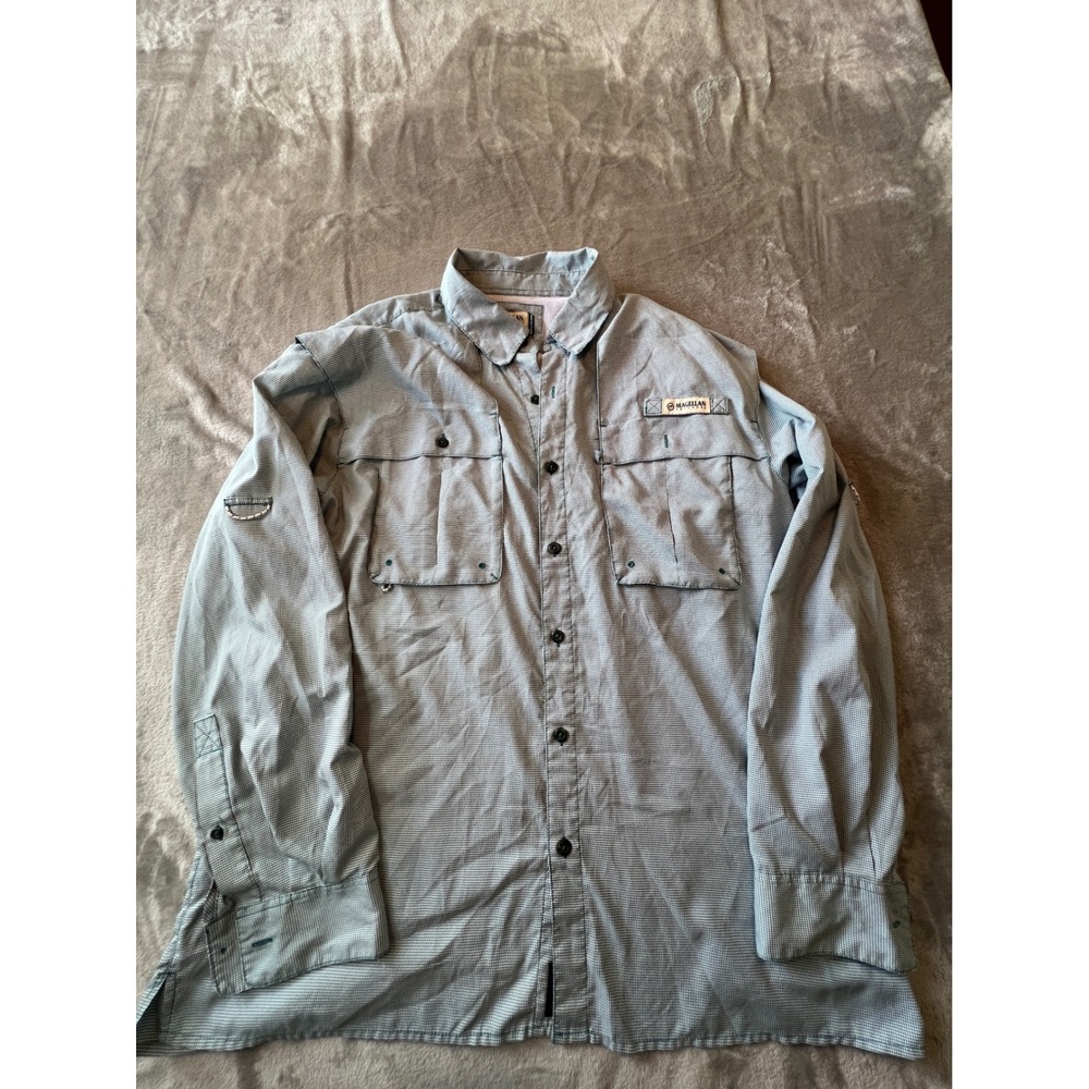 Magellan Outdoors Fishing Shirt Mens Large Teal Gingham Relaxed Fit Long Sleeve